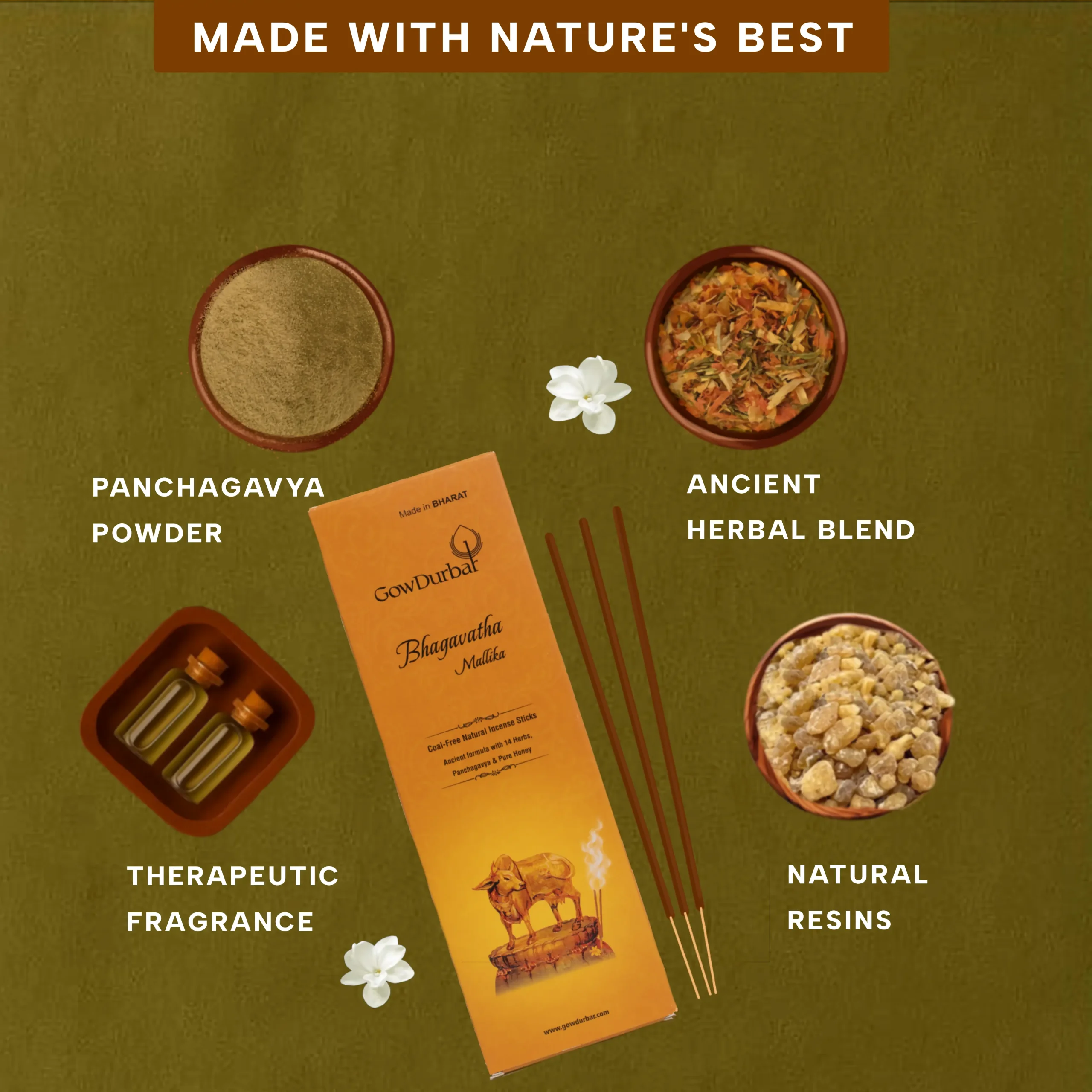 Herbal ingredients used in GowDurbar Bhagavatha Mallika Agarbatti enriched with Panchagavya