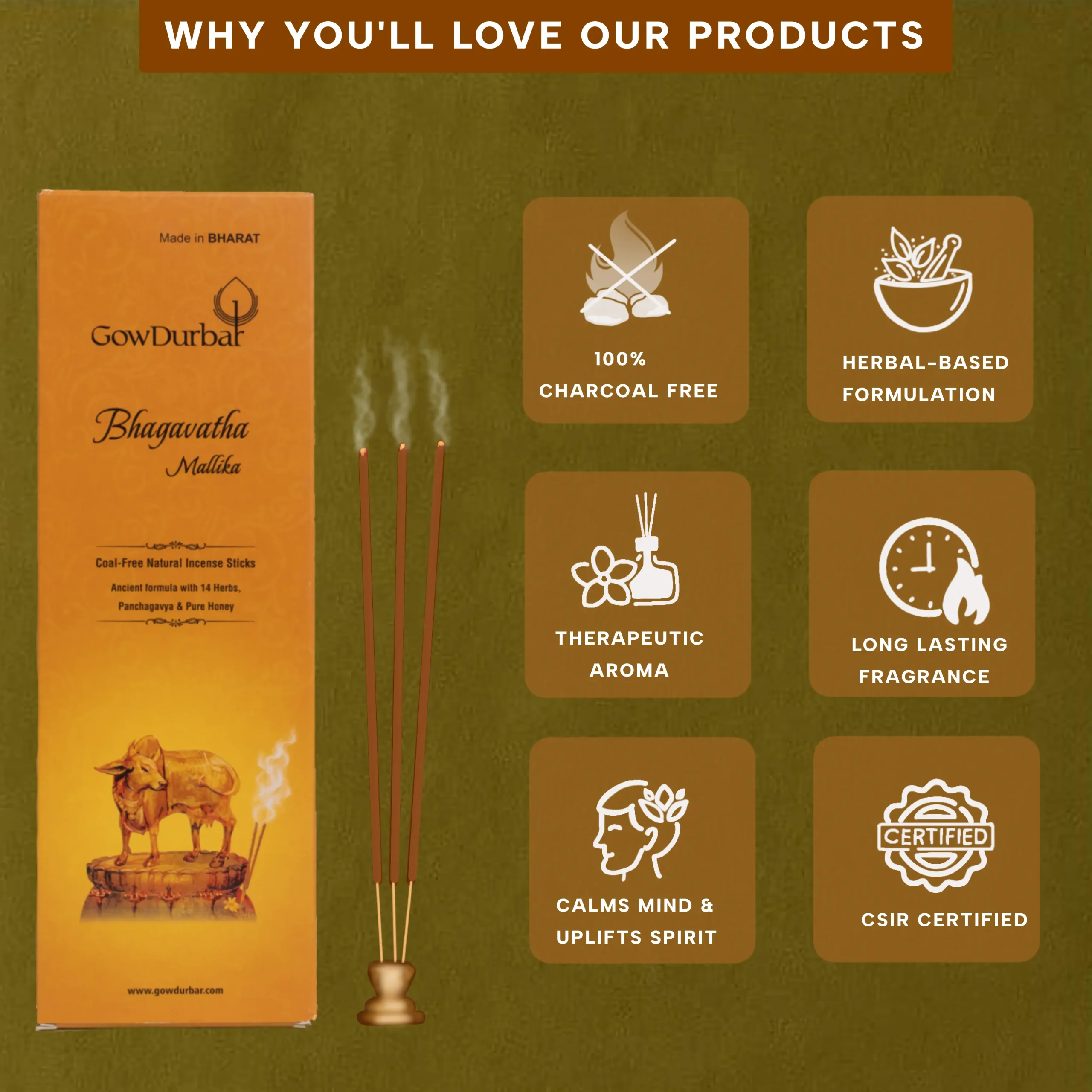 Bhagavatha Mallika Agarbatti trust badges highlighting Panchagavya enriched, herbal ingredients, coal-free, and no animal fat