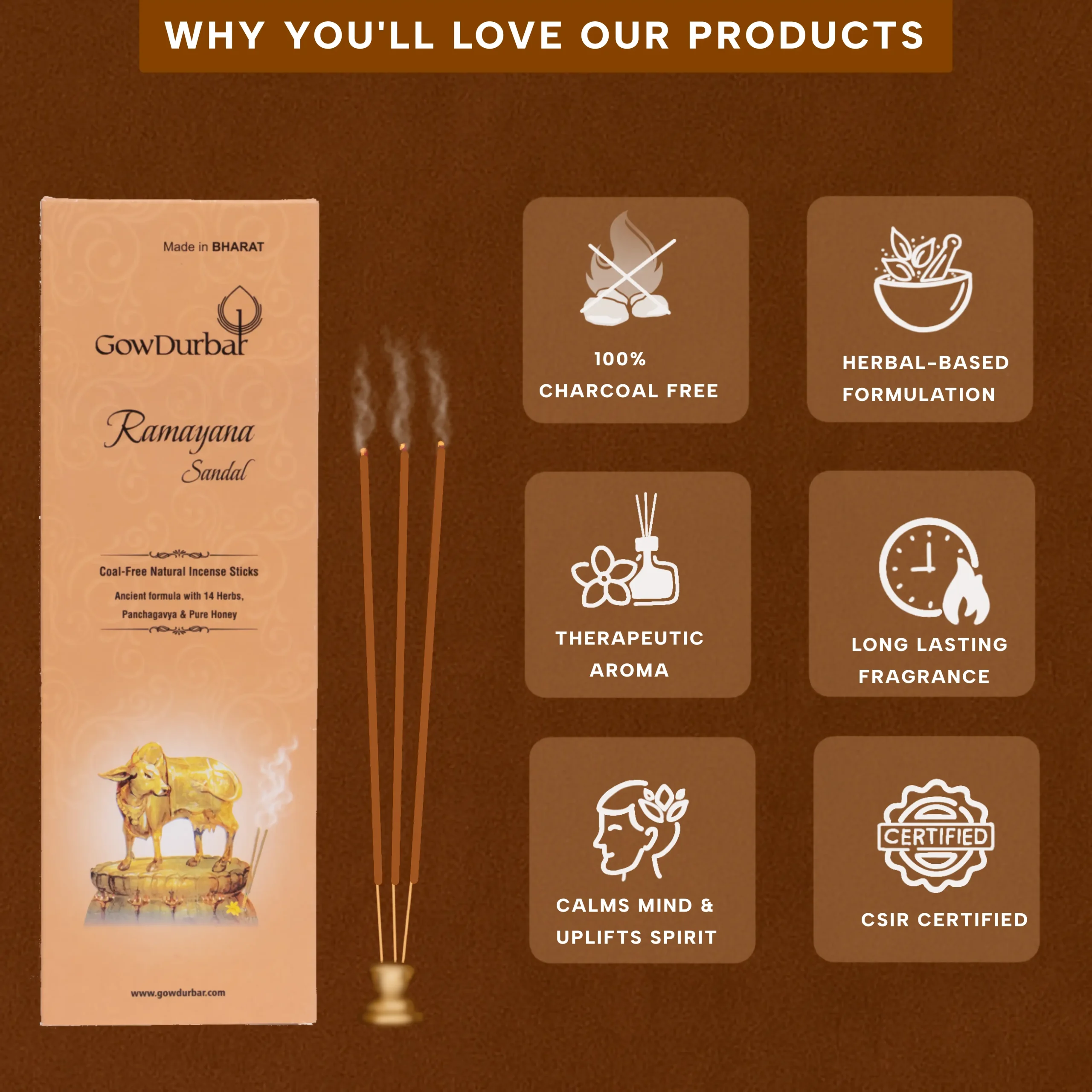 Ramayana Sandal Agarbatti trust badges highlighting Panchagavya enriched, herbal ingredients, coal-free, and no animal fat