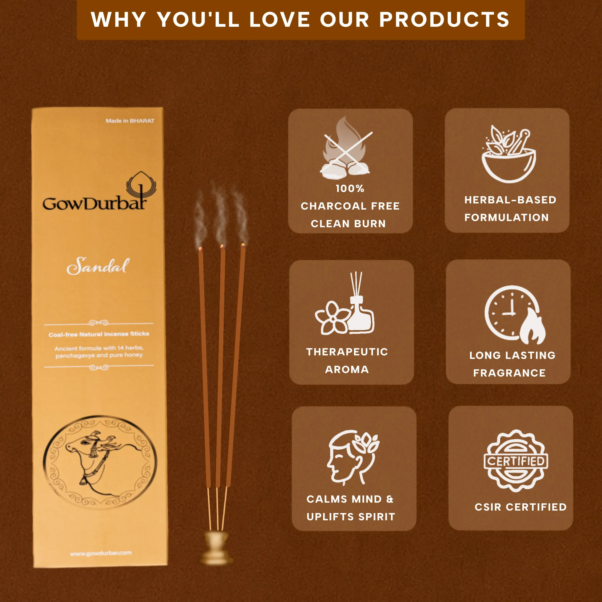 sandal agarbatti trust badges free from charcoal, long lasting and therapetic fragrance