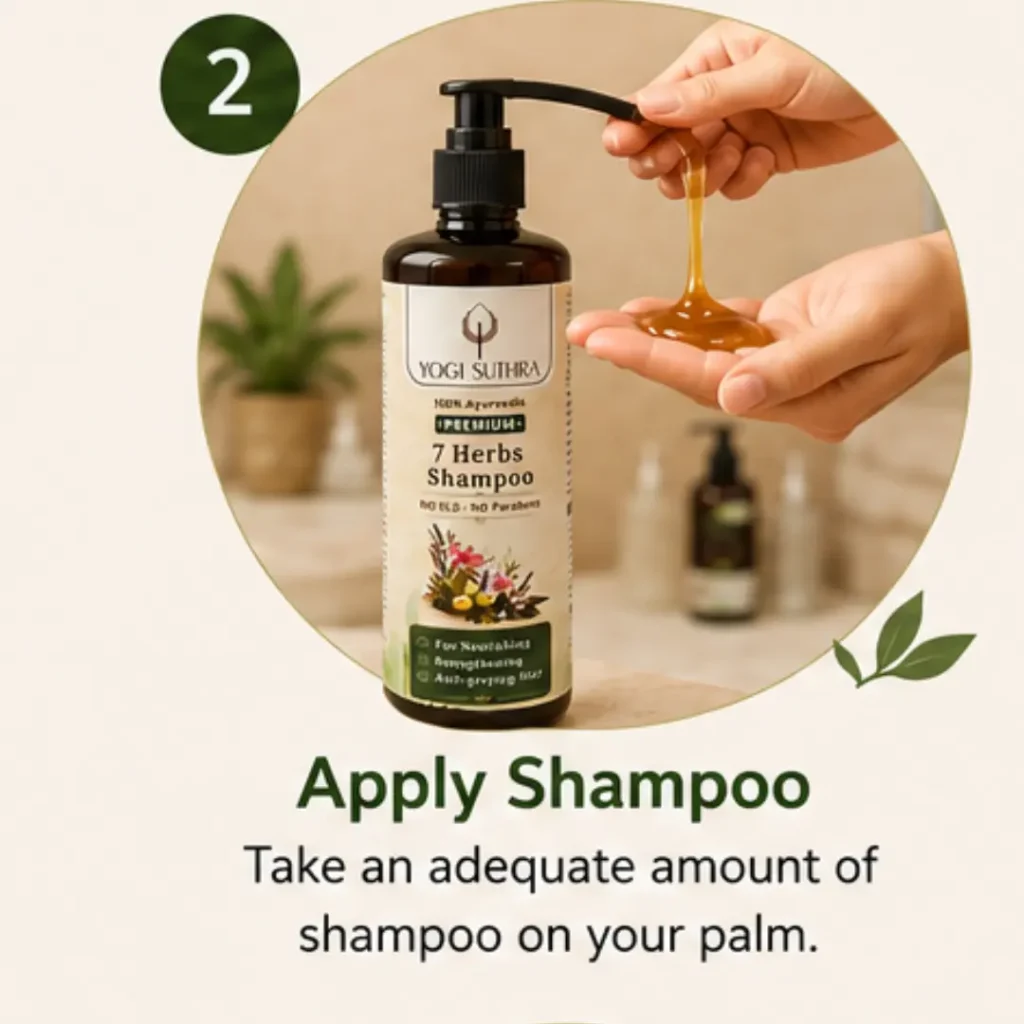 Applying Yogi Suthra 7 Herbs Shampoo to the scalp as part of a natural herbal hair care routine.