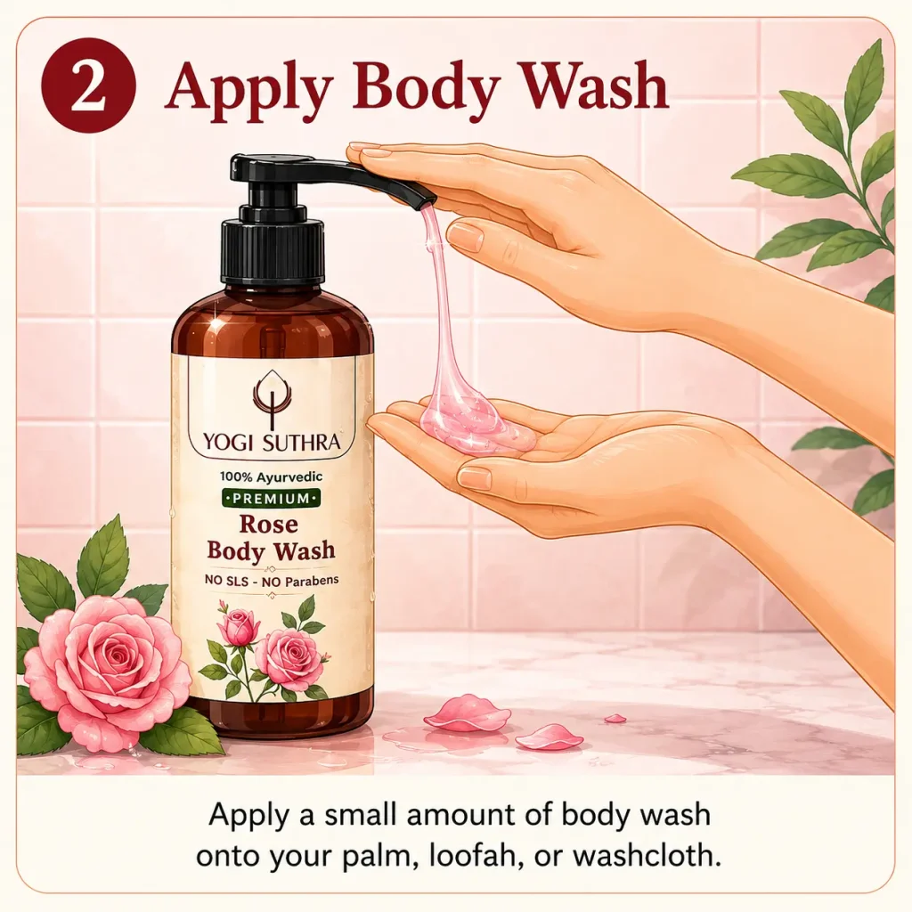 Illustration showing Yogi Suthra Rose Body Wash being dispensed from the pump nozzle directly onto a palm before cleansing.