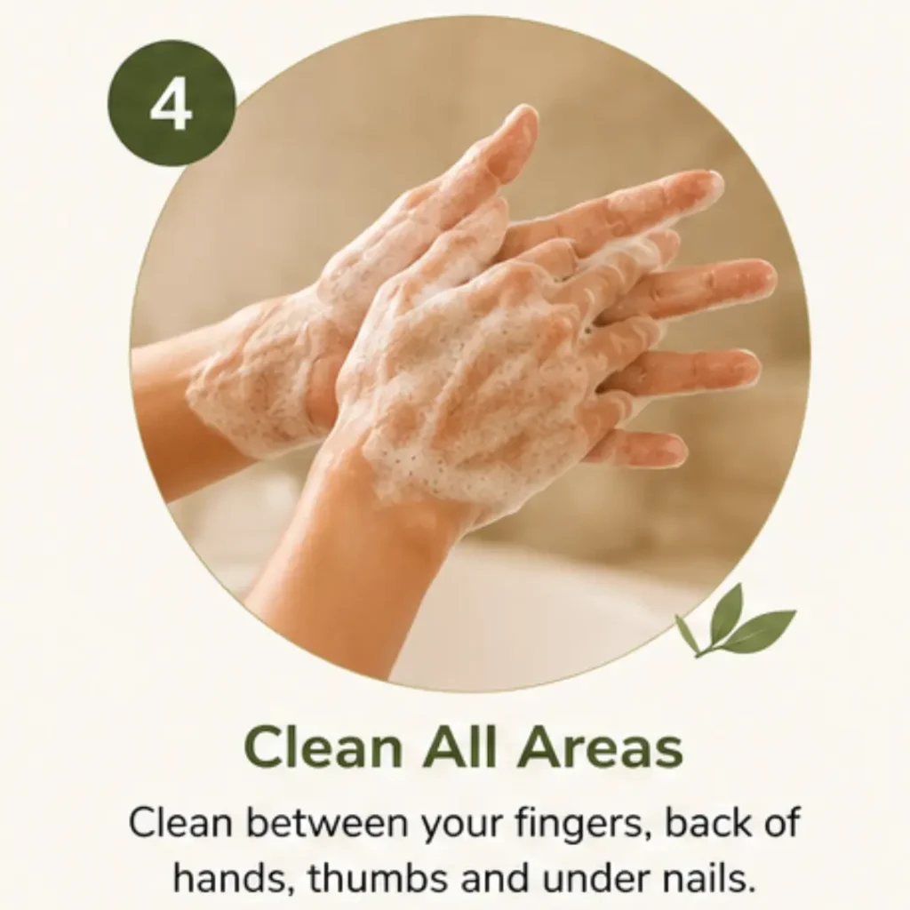 Cleaning fingers, palms, thumbs, and nails thoroughly