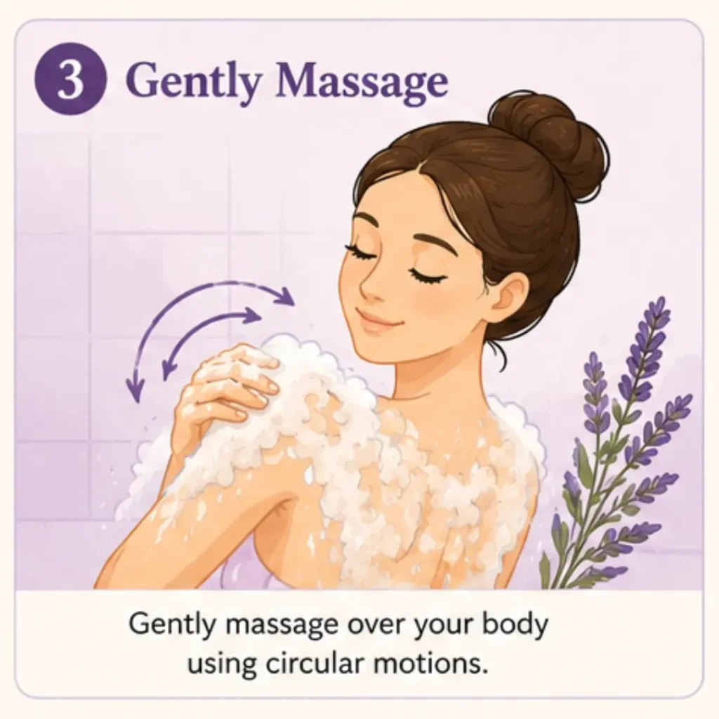 woman gently massaging body wash over her skin using circular motions to create a rich lather.