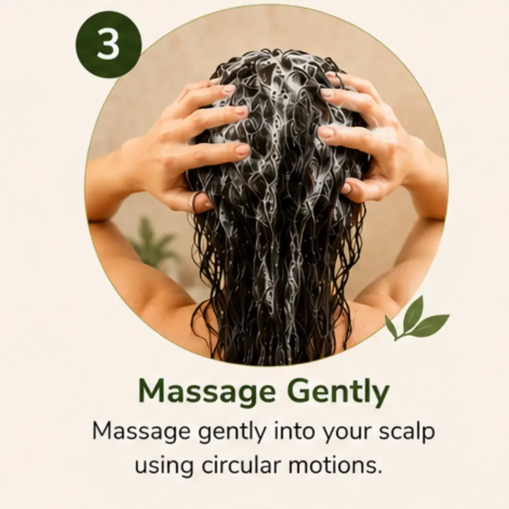 Massaging Yogi Suthra Natural Herbal Shampoo into the scalp using gentle circular motions.