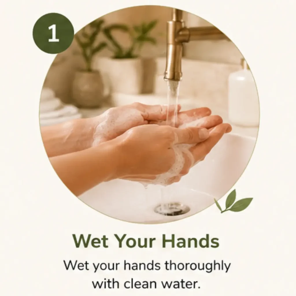 Wetting hands with clean water before using herbal hand wash