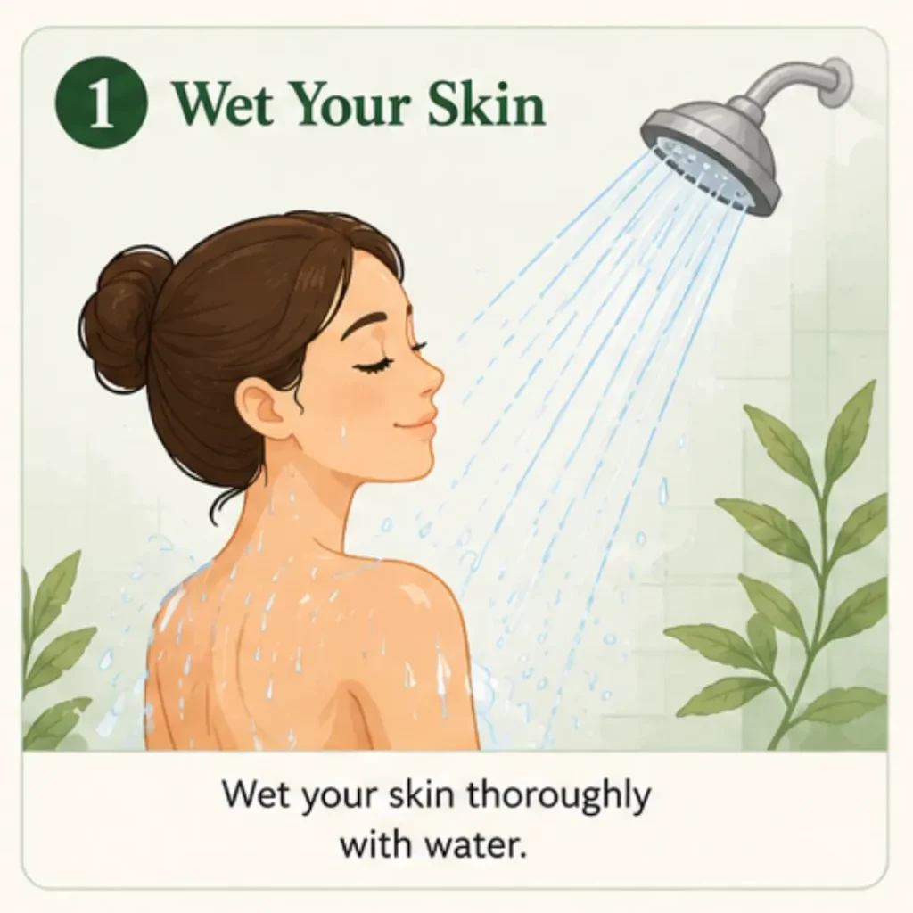 Illustrated woman standing under a shower wetting her skin thoroughly with water before applying body wash.