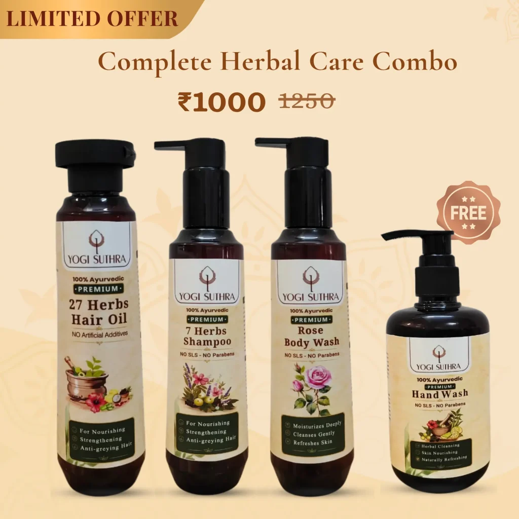 Yogi Suhra Complete Herbal Care Combo with Rose Body Wash, 27 Herbs Hair Oil, 7 Herbs Shampoo and FREE Hand Wash