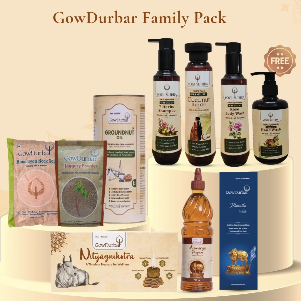 GowDurbar Family Pack Combo with pooja essentials, herbal personal care products, kitchen essentials and free hand wash